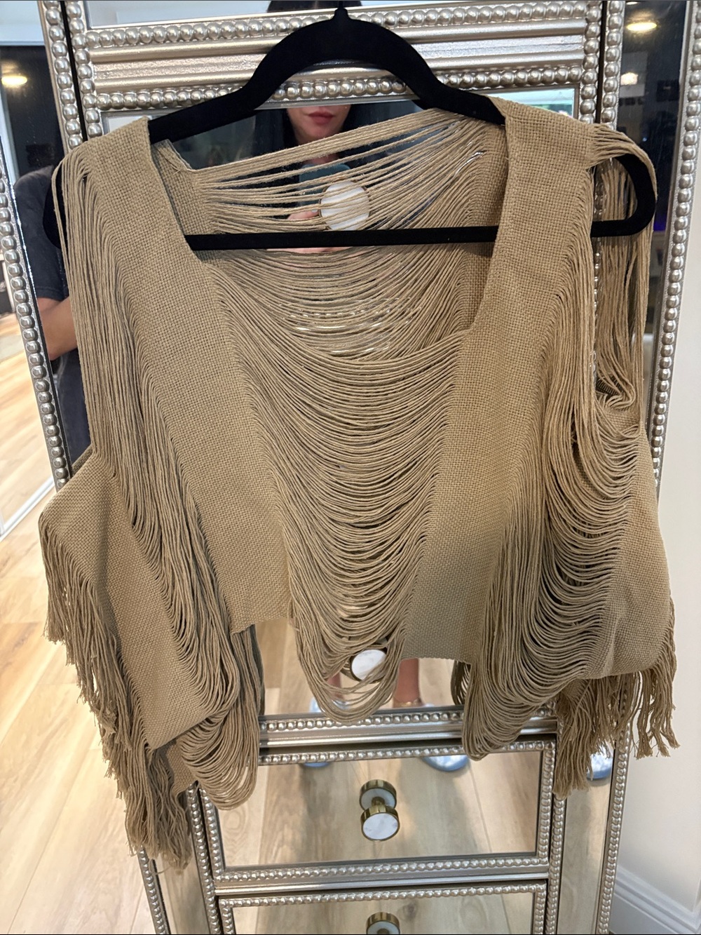 Fringed Open-Front Knit top - Tan
